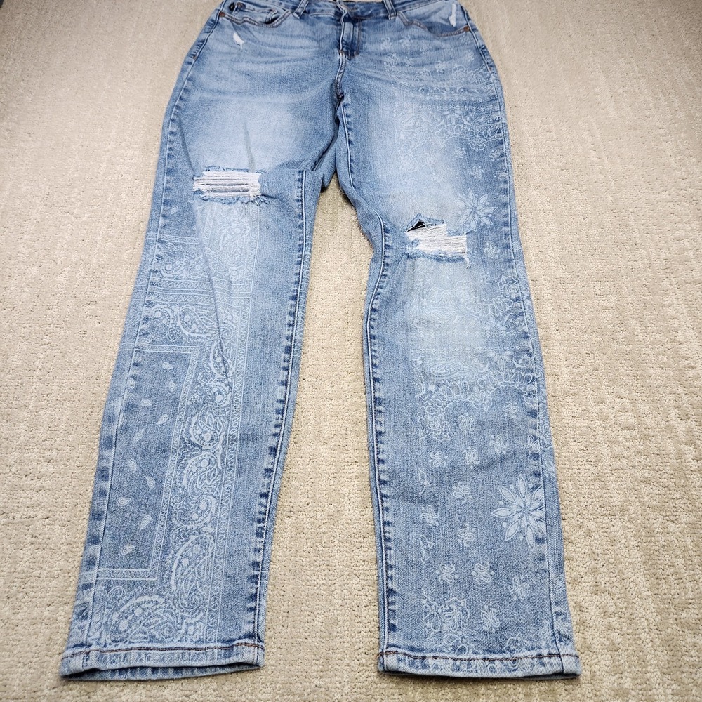Judy Blue Jeans Women 9 29 Paisley Print Mid Rise Boyfriend Fit Distressed Boho